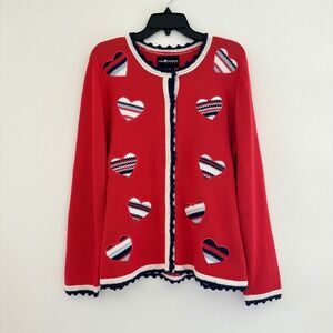 Vintage Red Heart Knit Cardigan Sweater Women Medium USA 4th of July Cottage 90s